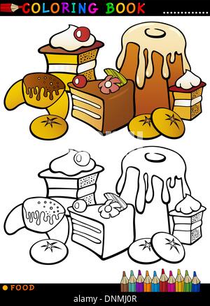 Libro da colorare o pagina Cartoon illustrazione di Cibo dolce come torte e biscotti e panini per Bambini Educazione Illustrazione Vettoriale