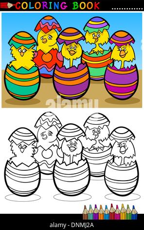 Cartoon illustrazione di cinque piccolo giallo di polli o di pulcini in colorate dei gusci delle uova di Pasqua per libro da colorare Illustrazione Vettoriale