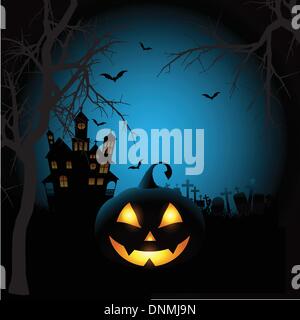 Spooky Halloween sfondo con una zucca e Haunted House Illustrazione Vettoriale