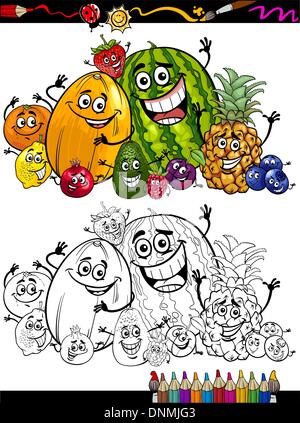 Libro da colorare o pagina Cartoon illustrazione dei frutti divertente comico di alimentare il gruppo di caratteri per i Bambini Educazione Illustrazione Vettoriale