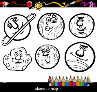 Libro da colorare o pagina Cartoon illustrazione del bianco e nero dei pianeti e di Orbs comico il set di caratteri per i Bambini Educazione Illustrazione Vettoriale