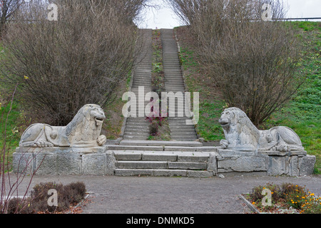 Vecchi leoni in pietra nel castello di Olesko park, Ucraina Foto Stock