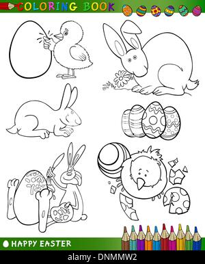 Temi di Pasqua insieme di raccolta del bianco e nero Cartoon illustrazioni per libro da colorare Illustrazione Vettoriale