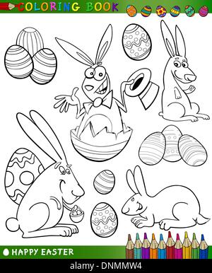 Temi di Pasqua insieme di raccolta del bianco e nero Cartoon illustrazioni per libro da colorare Illustrazione Vettoriale