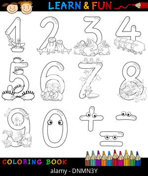 Cartoon libro da colorare o pagina illustrazione dei segni dei numeri da zero a nove con animali caratteri per Bambini istruzione e Illustrazione Vettoriale