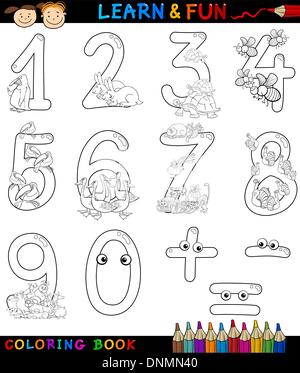 Cartoon libro da colorare o pagina illustrazione dei segni dei numeri da zero a nove con animali caratteri per Bambini istruzione e Illustrazione Vettoriale