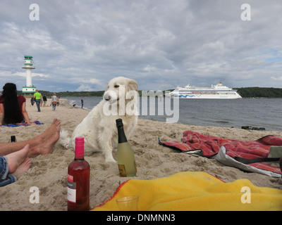 Kiel, Germania, i visitatori a Falckensteiner beach con una nave da crociera Foto Stock