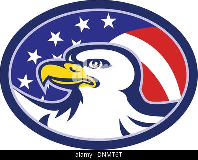 Illustrazione di un american aquila calva testa a stelle e strisce flag impostato all'interno di ellisse. Illustrazione Vettoriale