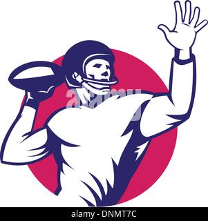 Illustrazione di un american quarterback giocatore di football urlando il passaggio delle sfere all'interno del cerchio fatto in stile retrò. Illustrazione Vettoriale