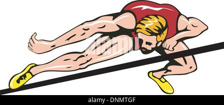 Illustrazione di una via e un campo sportivo in esecuzione jumping salto in alto fatto in stile retrò Illustrazione Vettoriale