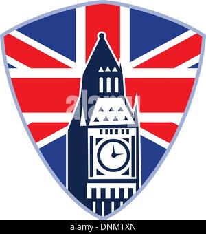 Retrò illustrazione del Big Ben clock tower con unione jack Gran Bretagna British flag impostato all'interno della protezione isolato su sfondo bianco. Illustrazione Vettoriale