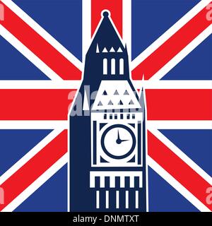 Illustrazione di una icona con la Gran Bretagna British Union Jack flag e Big Ben orologio Torre Campanaria Illustrazione Vettoriale