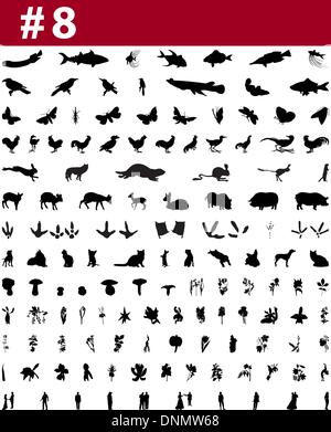 Grande raccolta di collage vettore sagome di persone, animali, uccelli, pesci, fiori e insetti Illustrazione Vettoriale