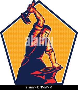 Illustrazione di un fabbro lavoratore con mazza colpisce incudine fatto in stile retrò. Illustrazione Vettoriale