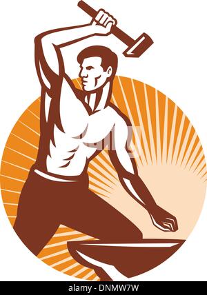 Illustrazione di un fabbro con un martello colpisce incudine impostato all'interno del cerchio fatto rétro xilografia stile. Illustrazione Vettoriale