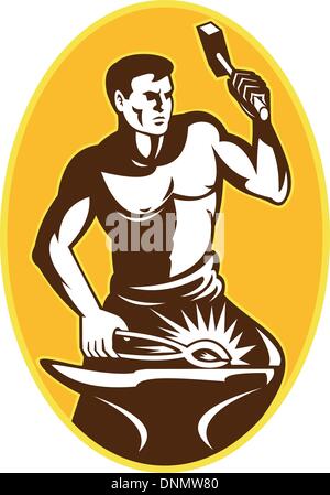 Illustrazione di un fabbro con un martello colpisce incudine visto dal lato anteriore imposta all'interno di forma ovale fatto in stile retrò Illustrazione Vettoriale