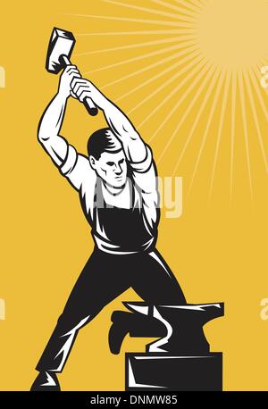 Illustrazione di un fabbro al lavoro con martello colpisce incudine visto da da con sunburst in background fatto in stile retrò. Illustrazione Vettoriale