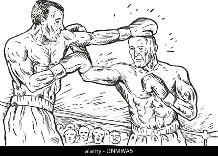Illustrazione di un boxer collegando un knockout punch stile di disegno Illustrazione Vettoriale