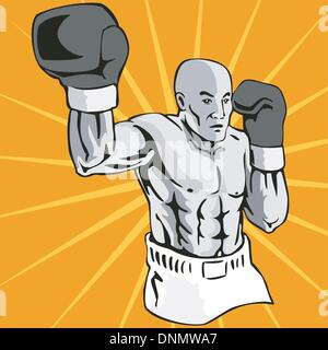Illustrazione di un boxer collegando un knockout punch fatto in stile retrò Illustrazione Vettoriale