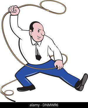 Illustrazione di un imprenditore tenendo un lazo fatto di corda in stile cartoon su sfondo isolato Illustrazione Vettoriale