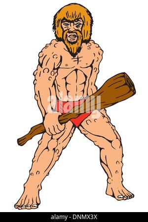 Cartoon illustrazione di un caveman holding club isolato su sfondo bianco. Illustrazione Vettoriale