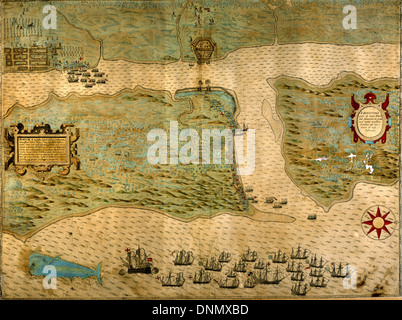 Baptista Boazio la mappa di Sir Francis Drake's Raid su Sant Agostino (pubblicato nel 1589) Foto Stock