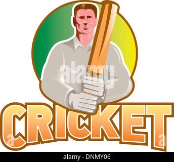 Illustrazione di un giocatore di cricket battitore con bat vista frontale insieme all'interno di un cerchio su sfondo isolato con word cricket Illustrazione Vettoriale