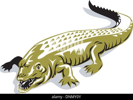 Illustrazione di un alligatore coccodrillo fatto in stile retrò su sfondo isolato Illustrazione Vettoriale