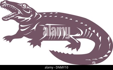Illustrazione di un alligatore coccodrillo fatto in stile retrò su sfondo isolato Illustrazione Vettoriale