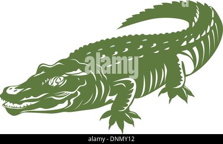 Illustrazione di un alligatore coccodrillo fatto in stile retrò su sfondo isolato Illustrazione Vettoriale