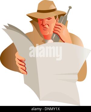 Illustrazione di un detective maschio utilizzando chiamando cellulare durante la lettura di un quotidiano su sfondo isolato fatto in stile retrò Illustrazione Vettoriale