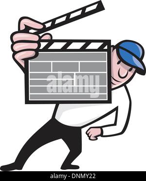 Cartoon illustrazione di un film del regista con in mano una clapboard viste dalla parte anteriore sulla isolato sullo sfondo bianco. Illustrazione Vettoriale