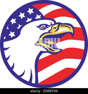 Illustrazione di un American aquila calva urlando con gli Stati Uniti a stelle e bandiera di strisce impostato all'interno del cerchio Illustrazione Vettoriale