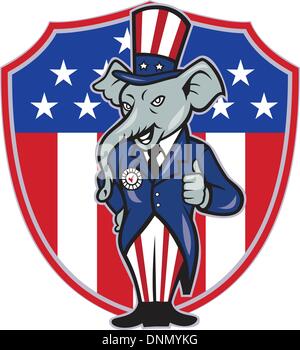 Illustrazione di un elefante repubblicano mascotte del repubblicano grand old party gop indossando hat e tuta pollice su imposta all'interno di American a stelle e strisce bandiera scudo fatto in stile cartoon. Illustrazione Vettoriale