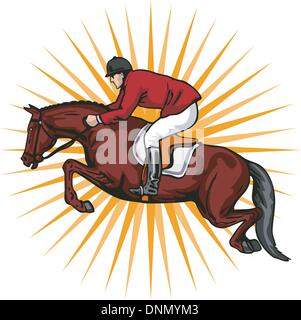 Illustrazione di un cavallo e fantino equestrian show jumping fatto in stile retrò. Illustrazione Vettoriale