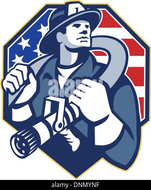 Illustrazione di un American pompiere pompiere lavoratore di emergenza imbracatura una manichetta antincendio sulla spalla insieme all'interno della protezione con gli Stati Uniti a stelle e strisce bandiera fatto in stile retrò. Illustrazione Vettoriale