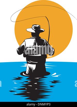 Illustrazione di un pescatore a mosca la colata di canna e mulinello fatto in stile retrò Illustrazione Vettoriale