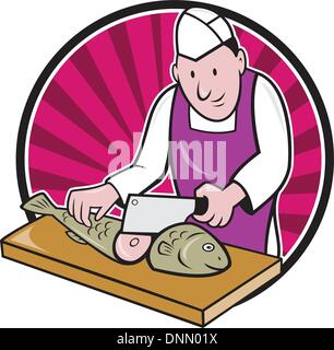 In stile retrò illustrazione di un macellaio pescivendolo sushi chef taglierina lavoratore con carne cleaver coltello pesce chopping rivolto verso la parte anteriore impostato all'interno del cerchio su sfondo isolato. Illustrazione Vettoriale