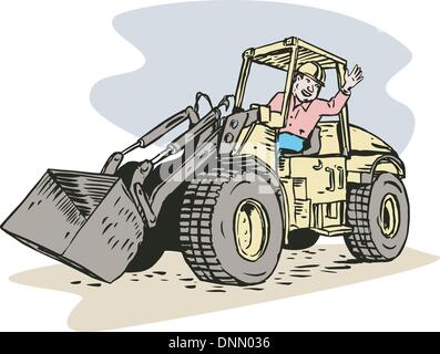 Illustrazione di una costruzione escavatore bulldozer escavatore meccanico fatto in stile retrò con punti a mezzatinta volteggiano o swirl in background Illustrazione Vettoriale