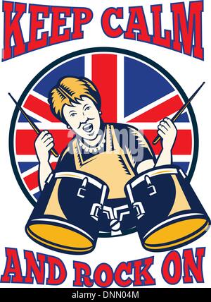 Retrò illustrazione di un british granny regina suonando la batteria con union jack flag impostato all'interno della protezione con parole di mantenere la calma e rock sull'". Illustrazione Vettoriale
