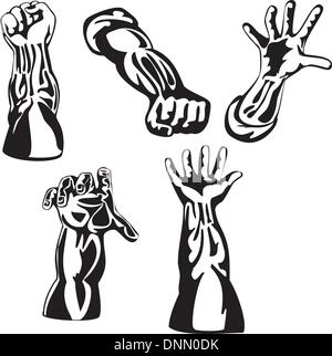 Illustrazione di una raccolta delle mani in varie posizioni isolate su sfondo bianco fatto in stile retrò. Illustrazione Vettoriale