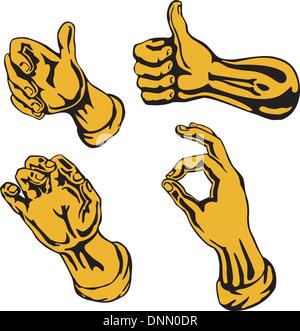 Illustrazione di una collezione di giallo le mani in varie posizioni isolate su sfondo bianco fatto in stile retrò. Illustrazione Vettoriale