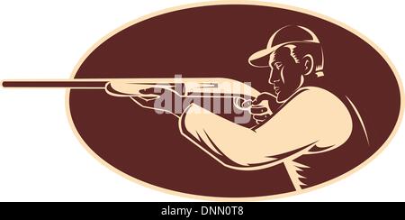 Illustrazione di un cacciatore di puntamento di tiro fucile fucile visto dal lato xilografia imposta all'interno di forma ovale Illustrazione Vettoriale