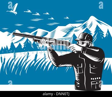 Illustrazione di un cacciatore di puntamento fucile fucile pistola a gioco bird anatre oche con il fatto in stile retrò su sfondo isolato Illustrazione Vettoriale