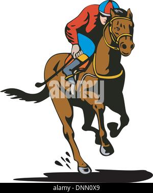 Illustrazione di un cavallo e fantino racing isolato su sfondo bianco fatto in stile retrò. Illustrazione Vettoriale