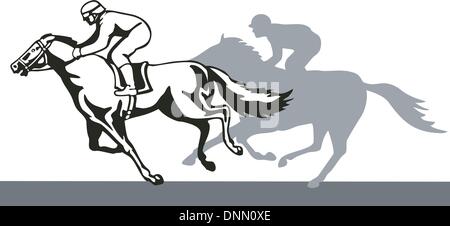 Illustrazione di un cavallo e fantino racing isolato su sfondo bianco fatto in stile retrò. Illustrazione Vettoriale