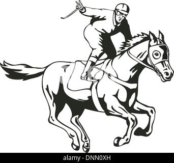 Illustrazione di un cavallo e fantino racing isolato su sfondo bianco fatto in stile retrò. Illustrazione Vettoriale