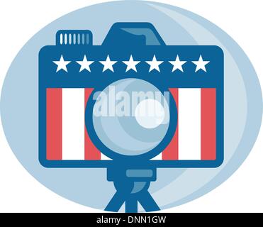 Illustrazione di una fotocamera reflex digitale con american a stelle e strisce flag impostato all'interno del cerchio fatto in stile retrò. Illustrazione Vettoriale