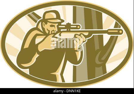 Illustrazione di un cacciatore di sparatutto cannocchiale di puntamento fucile con albero in background imposta all'interno di ellisse fatto in stile retrò. Illustrazione Vettoriale
