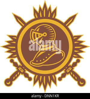 Retrò illustrazione di un cavaliere testa rivolta verso il lato con attraversato due spada fatto in xilografia impostato lo stile all'interno del cerchio. Illustrazione Vettoriale